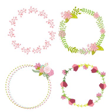 Çiçek Çerçeve Koleksiyonu. Düğün davetiyeleri ve doğum günü kartları için mükemmel bir çelenk şekli ayarlanmış sevimli retro çiçekler. 