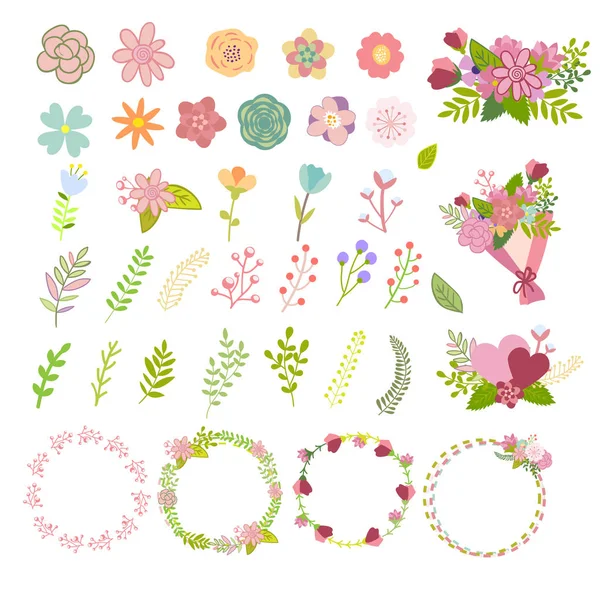 Siluette beyaz üzerine izole edilmiş bir dizi düz ikon çiçek ikonu. Çıkartmalar, etiketler, etiketler, hediye paketleme kağıtları için parlak renkli şirin retro tasarımı.