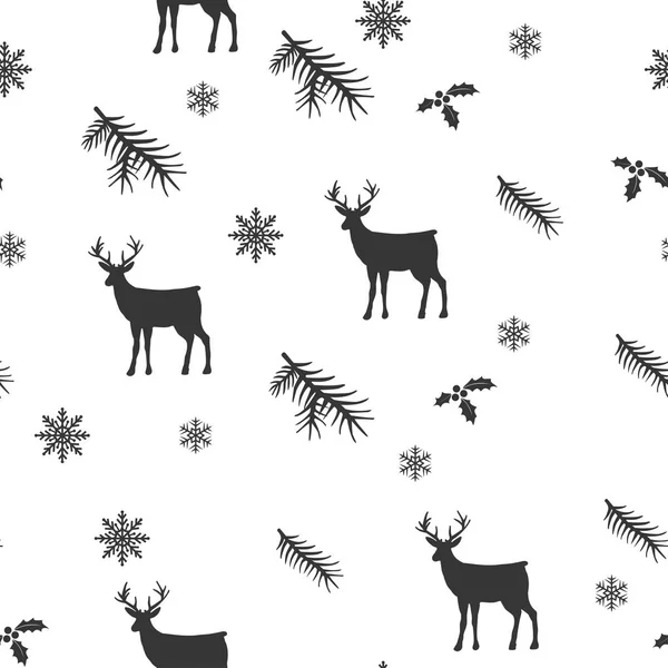 Jelenie w lesie sosnowym w zimie. Wzór z ręcznie rysowane projekt kartki Boże Narodzenie i nowy rok, tkaniny, papier pakowy, zaproszenie, artykuły papiernicze. — Wektor stockowy