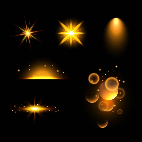 Ayarlayın. Yıldız, güneş parçacıklar ve sparks bir Vurgu efekti ile parlak, altın bokeh ışıklar glitter ve payetler. Karanlık bir arka plan şeffaf. 