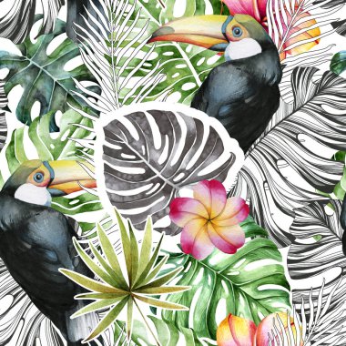 Tropikal yaprakların ve tukan kuşlarının kusursuz suluboya desenleri