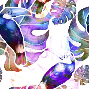 Tropikal yaprakların ve tukan kuşlarının kusursuz suluboya desenleri.