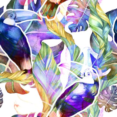 Tropikal yaprakların ve tukan kuşlarının kusursuz suluboya desenleri.