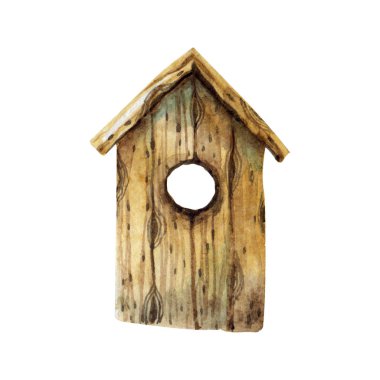 Tahta kuş evi. Suluboya çizimi.