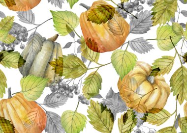 Yaprakların, balkabaklarının ve meyvelerin kusursuz sonbahar suluboya deseni.