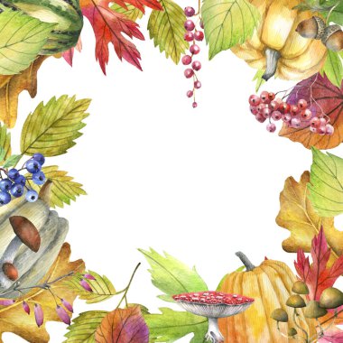 Sonbahar yaprakları ve böğürtlenler. Suluboya