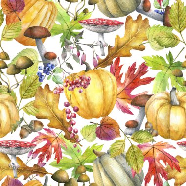 Sonbahar yaprakları, balkabakları, böğürtlenler ve mantarların kusursuz suluboya deseni.