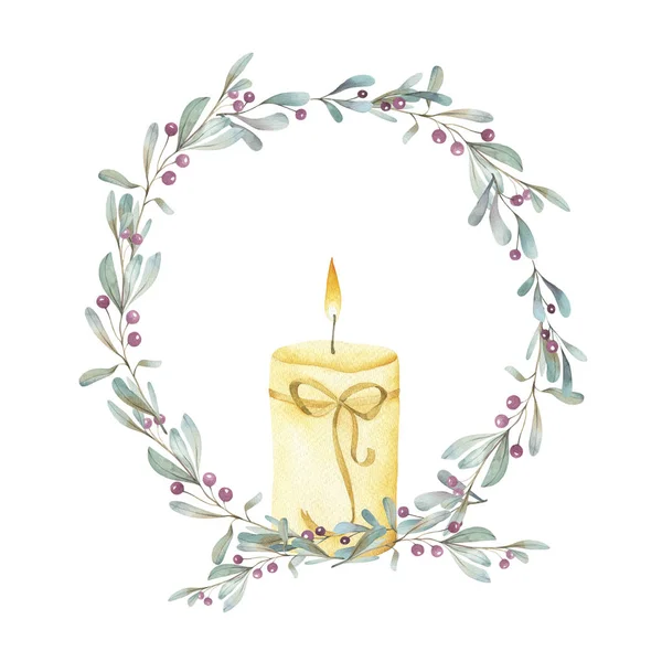 Wreath Mistletoe Branches Burning Candle Watercolor — Stock Photo, Image