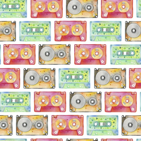 Naadloos Aquarelpatroon Van Veelkleurige Audiocassettes Muziekachtergrond — Stockfoto