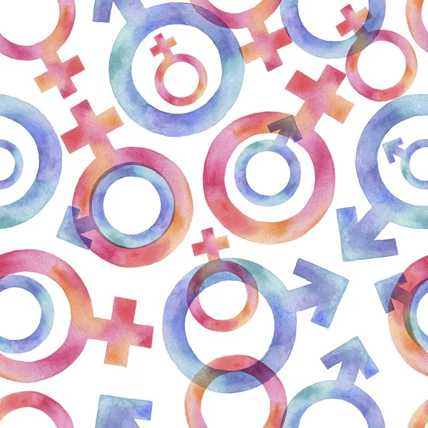 Seamless watercolor pattern of symbols of gender differences.