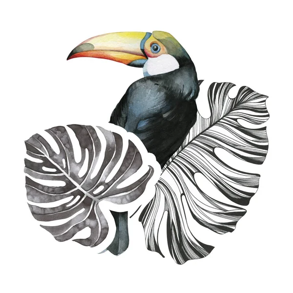 熱帯の葉に囲まれたトウカン鳥 水彩画 — ストック写真