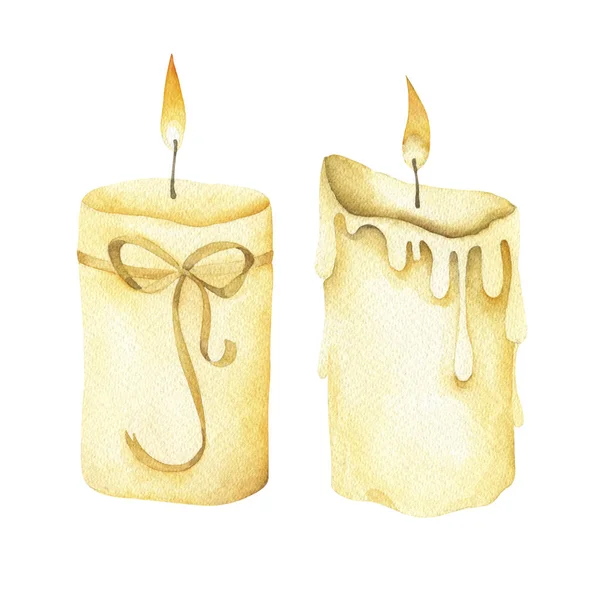 一套燃烧的蜡烛 水彩画 — 图库照片