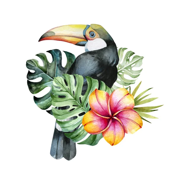 Toucan bird surrounded by tropical leaves. Watercolor illustration.