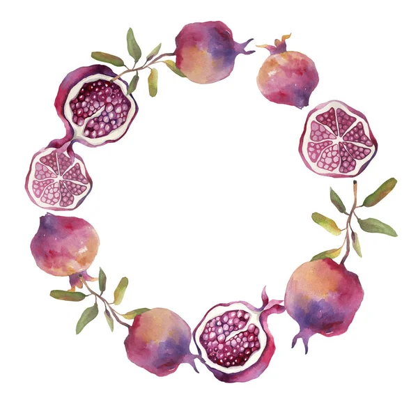 Ghirlanda Frutti Melograno Maturi Acquerello — Foto Stock