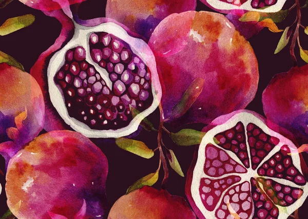 Płynny Akwarelowy Wzór Dojrzałych Owoców Granatu — Zdjęcie stockowe