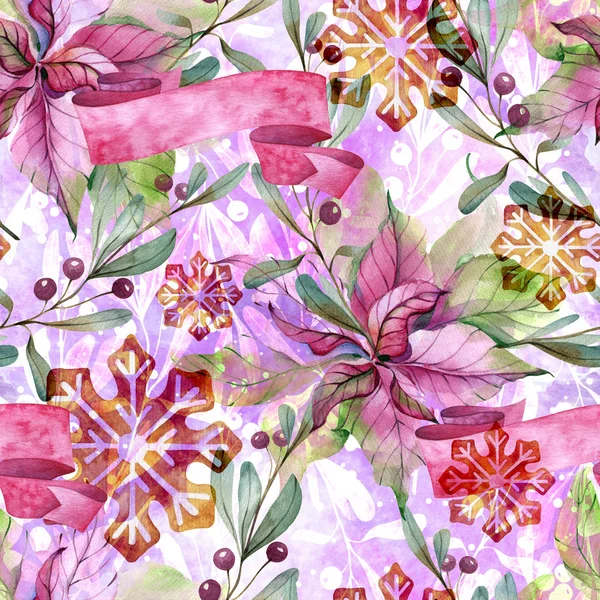 Seamless Watercolor Christmas Pattern Poinsettia Flowers Branches Berries — Stock Photo, Image