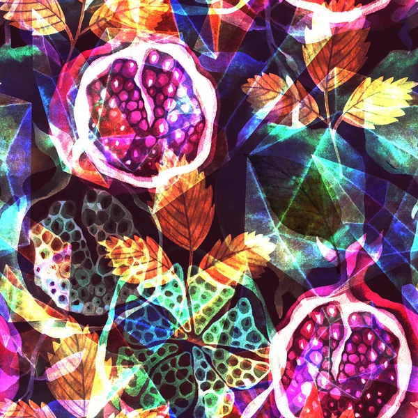 ザクロの果実と結晶のシームレスな水彩模様 — ストック写真