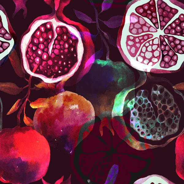 Patrón Acuarela Inconsútil Frutas Hojas Granada Sobre Fondo Oscuro — Foto de Stock