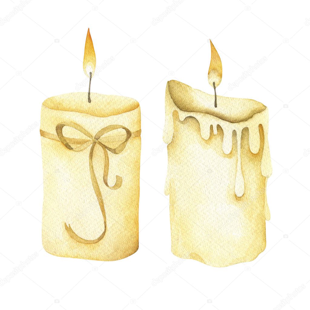 Set of burning candles. Watercolor illustration.