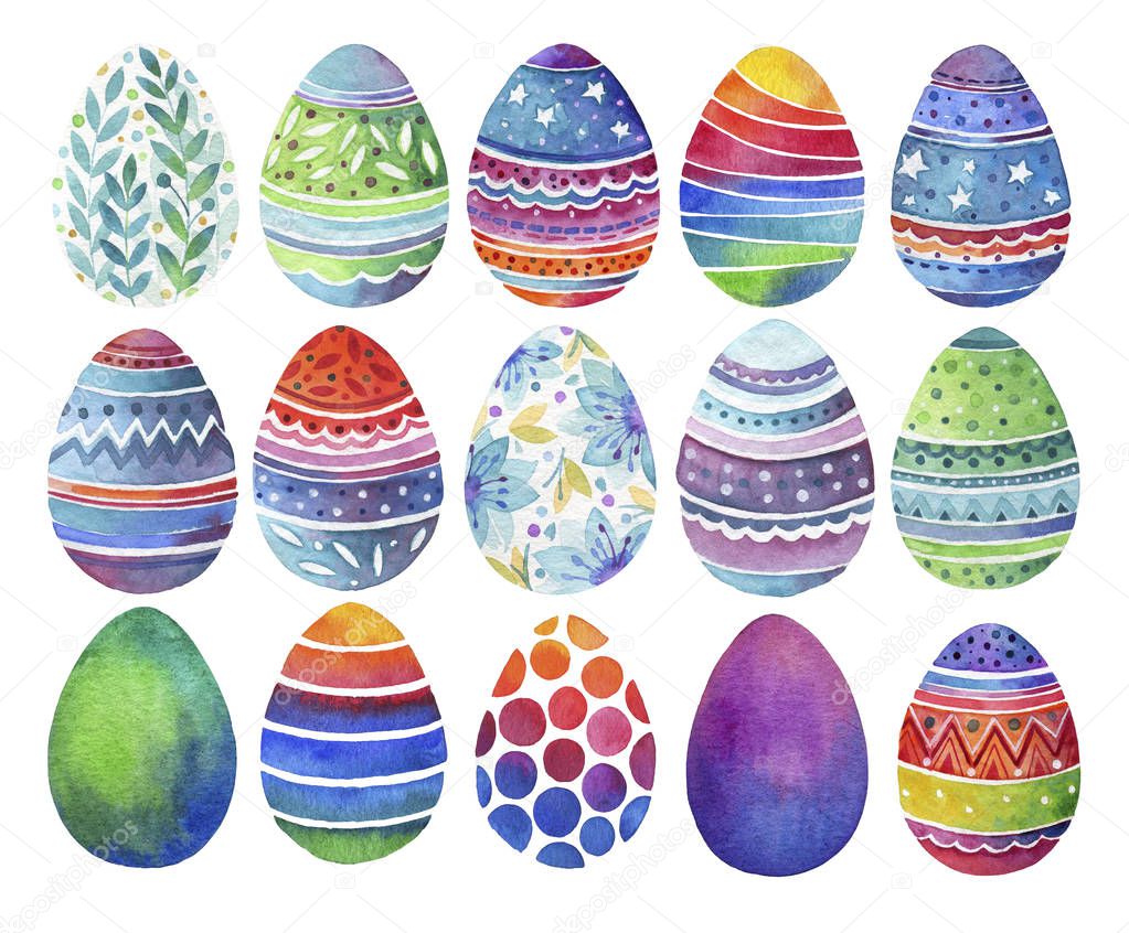 Set of easter eggs, floral and geometric ornament. Watercolor.