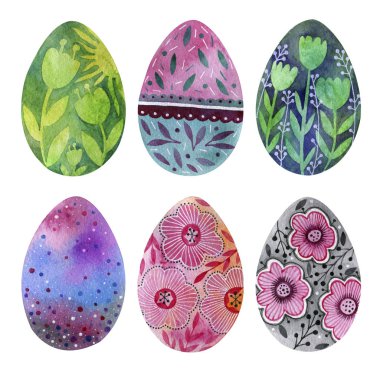 Çiçekli Paskalya yumurtaları. Suluboya çizimi. Bahar tatilinin sembolleri..