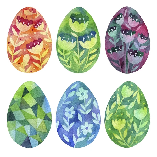 Set Easter Eggs Floral Patterns Watercolor Illustration Symbols Spring Holiday — Stock Photo, Image