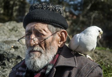 Beyaz sakallı Dede ve güvercinler Dostu.