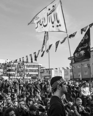 Shia Muslim men shout Islamic slogans Ashura procession clipart