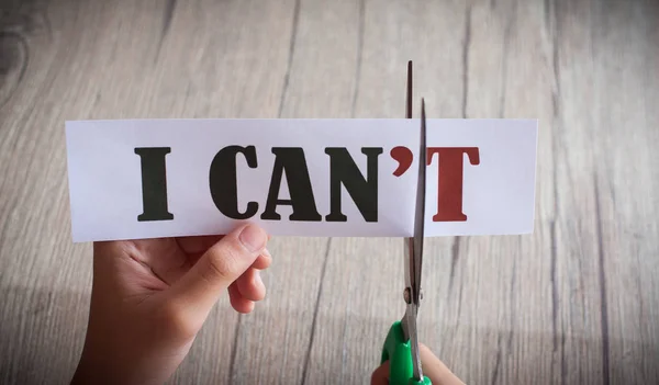 Woord "Ik kan niet" omgevormd tot "I can". Motivatie filosofie c — Stockfoto