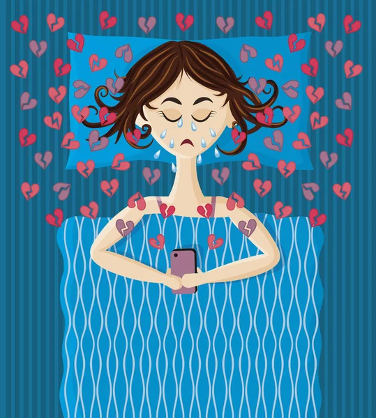 Молодая женщина лежит в постели, держит смартфон и плачет. Иллюстрация разбитое сердце, несчастная первая любовь, разрыв . — стоковый вектор