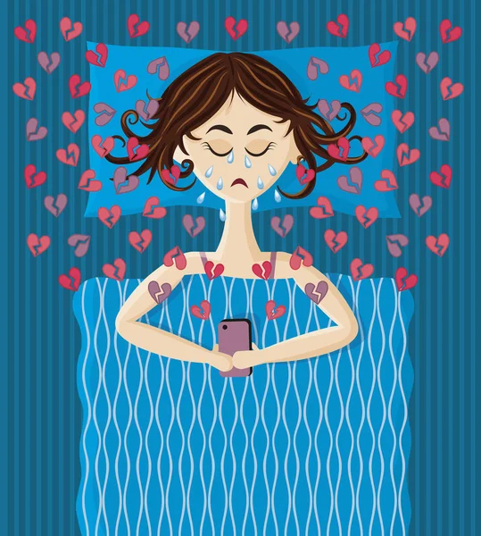 Giovane donna sdraiata a letto, con Smartphone in braccio e piangendo. Illustrazione cuore spezzato, infelice primo amore, rompere . — Vettoriale Stock