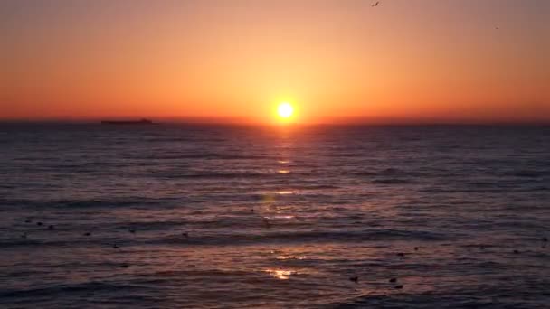 Salida del sol sobre el mar. Vemos una nave de carga en el horizonte — Vídeo de stock