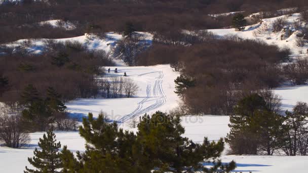 Les gens de la vallée de montagne montent motoneiges — Video