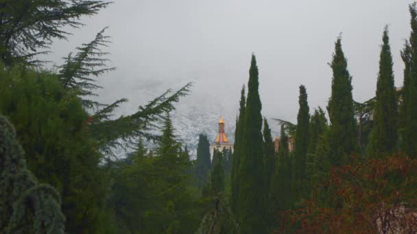 Церква в лісі. На задньому плані гори в тумані — стокове відео