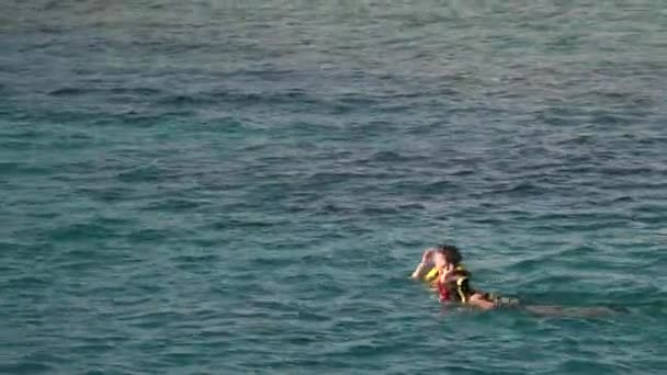 Uma jovem mulher em um colete salva-vidas coloca uma máscara e olha sob a água — Vídeo de Stock