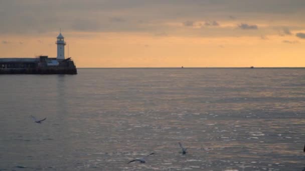 Deniz feneri günbatımı gökyüzüne karşı iskelede — Stok video