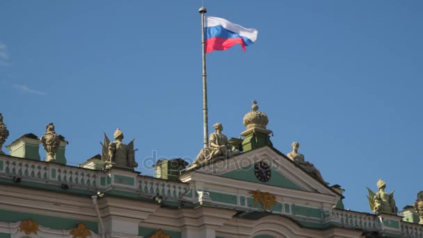 Σημαία της Ρωσίας στην πρόσοψη στα Χειμερινά ανάκτορα στην Αγία Πετρούπολη — Αρχείο Βίντεο