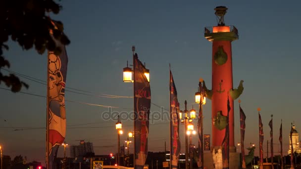 Ростральная колонна на берегу Невы в Санкт-Петербурге ночью — стоковое видео