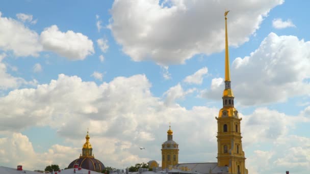 Towers of the Peter and Paul Fortress against a background of white clouds — Stock Video