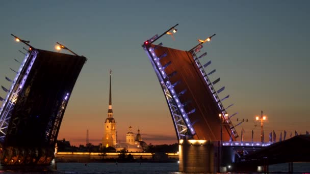 Vindbrygga och Peter och Paul Fortress på natt St. Petersburg — Stockvideo