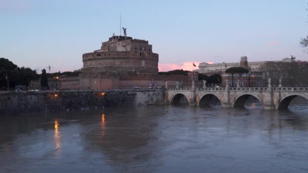 Roma Itália Mausoléu Adriano Castelo Santo Anjo Hora Noite — Vídeo de Stock