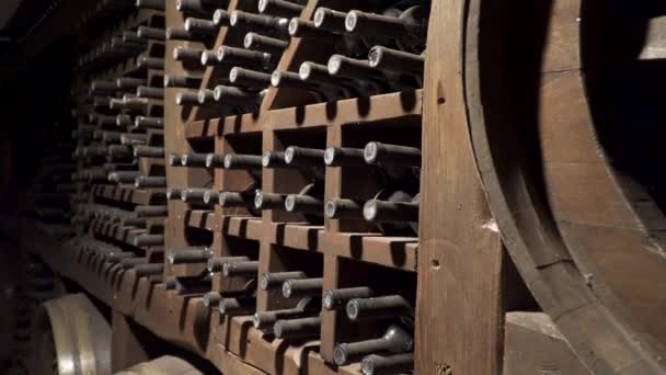 Старі Пляшки Вина Бочки Винному Підвалі — стокове відео