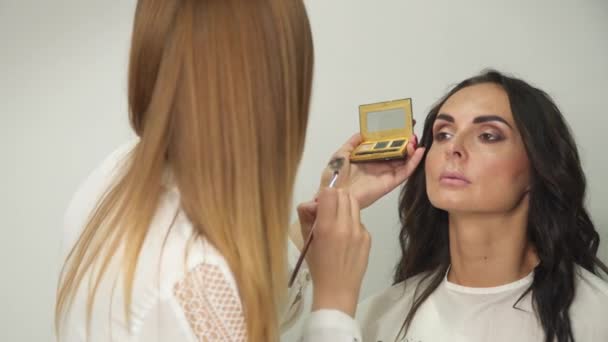 Maestro Maquillaje Prepara Modelo Para Presentación Chica Pone Con Pincel — Vídeos de Stock