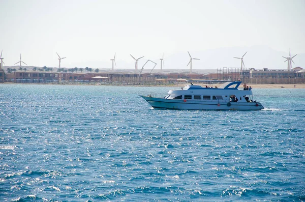 Beyaz motorlu yat denizde yüzüyor..