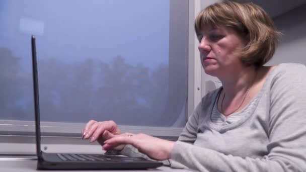 火车上的一个女人带着笔记本电脑工作 运动中的火车 — 图库视频影像
