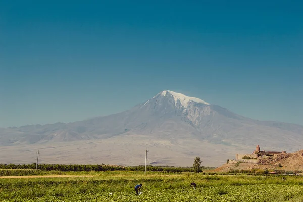 Khor Virap Monastery. Mount Ararat on background. Exploring Armenia. Tourism, travel concept. Mountain landscape. Religious landmark. Tourist attraction. Copy space for text. Ecotourism, agriculture — Stock Photo, Image