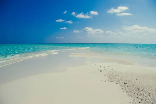 Idyllisch paradijs landschap. Exotische tropische strand. Zomervakantie, populaire bestemming, luxeresort, toerisme concept. Reizen naar de Malediven. Zeegezicht met wit zand, turquoise water. Vakantie eiland — Stockfoto