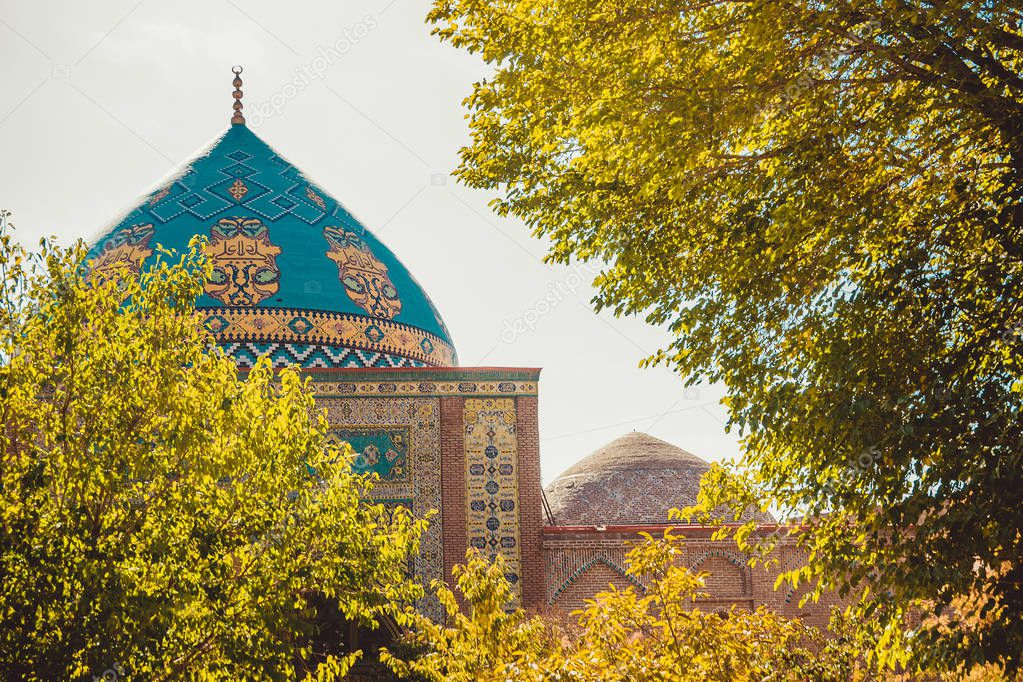 Blue mosque. Elegant islamic building. Travel to Armenia, Caucasus. Touristic architecture landmark. Sightseeing in Yerevan. City tour. Tourism industry. Bright Sunny autumn day. Religious concept