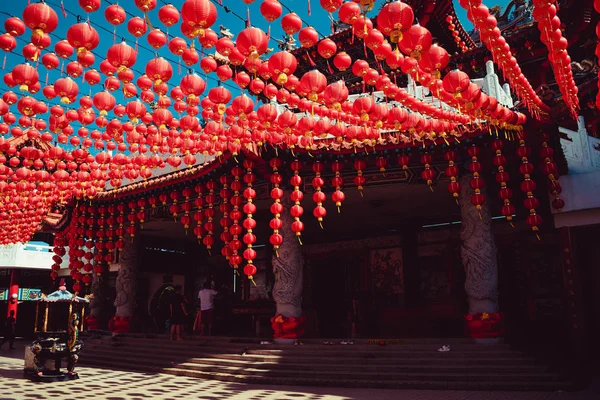 Decorated territory Thean Hou temple. Kuala Lumpur attraction. Travel to Malaysia. Religious background. Tourist destination. City tour. Place of worship. Architecture concept. Chinese red lanterns — Stock Photo, Image