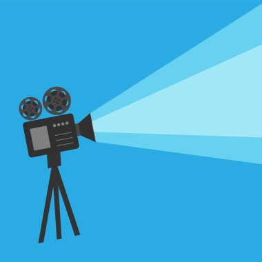 Film zamanı posteri. Klasik sinema projektörü, ev sineması ve retro kamera vektör illüstrasyonu. Film zamanı posteri. Klasik sinema projektörü, ev